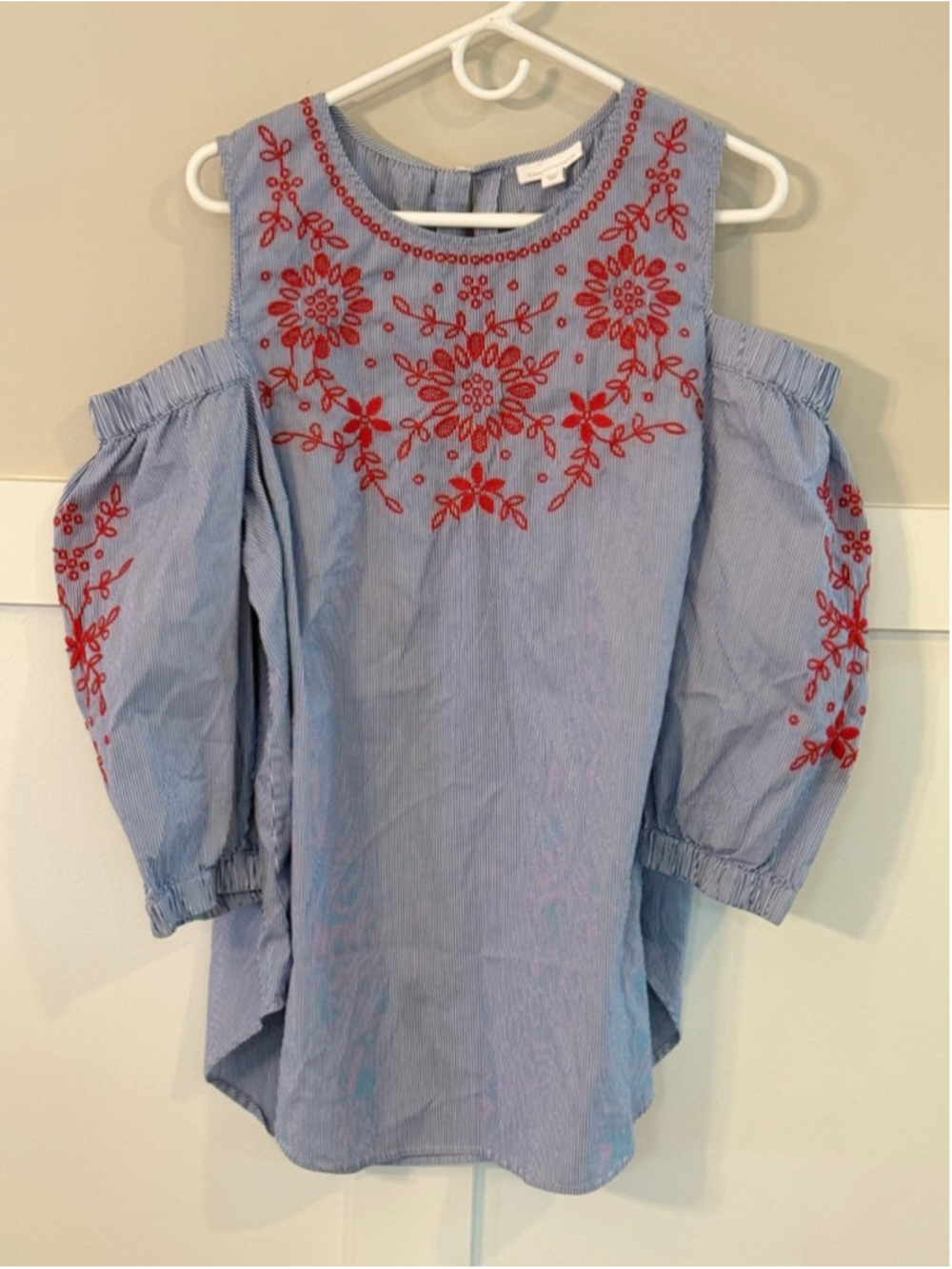 Charter Club XL Cold Shoulder Embroidered Stripe Boho Blouse